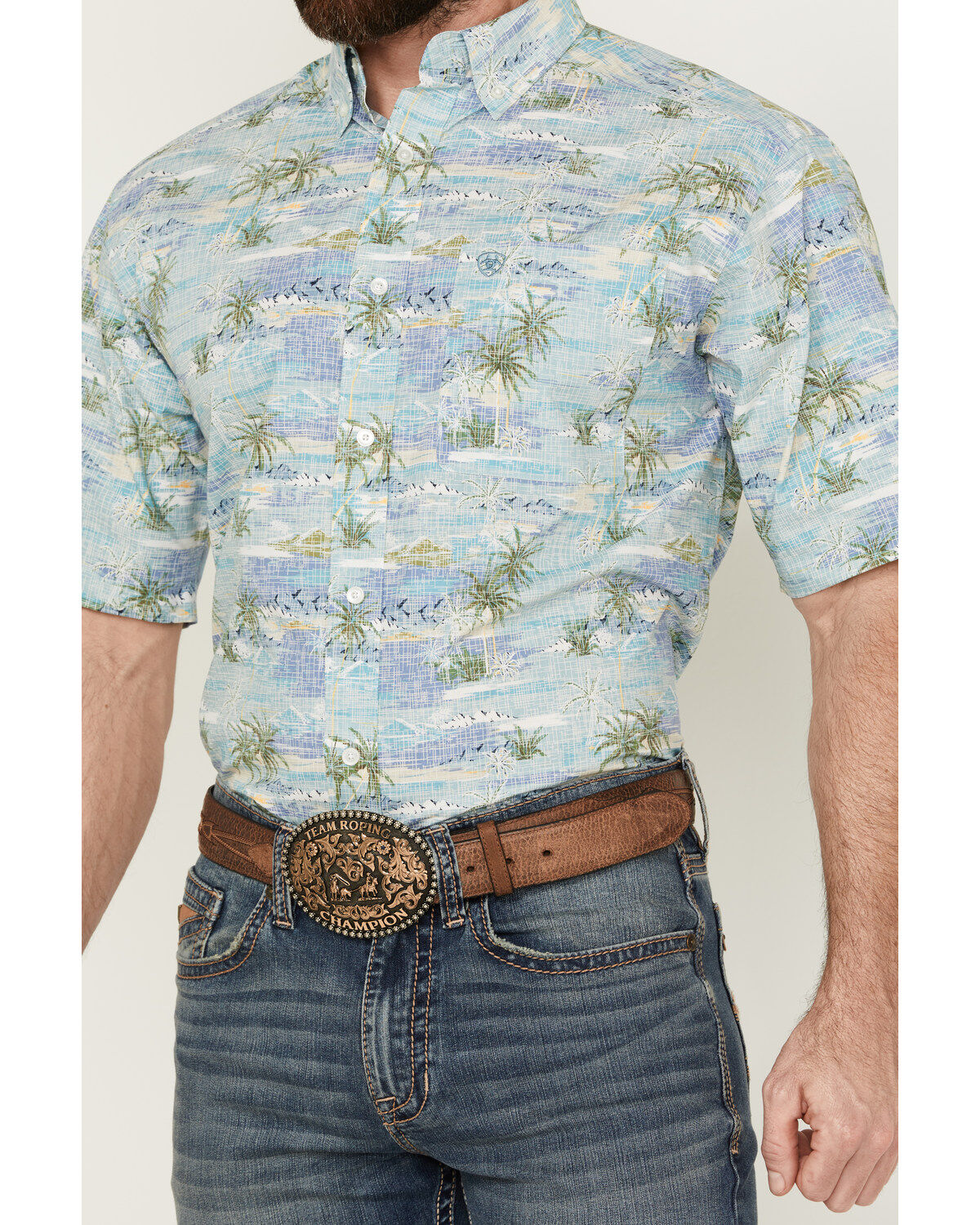 Product Name:  Ariat Men's Edwin Palm Tree Island Print Short Sleeve Button-Down Western Shirt
