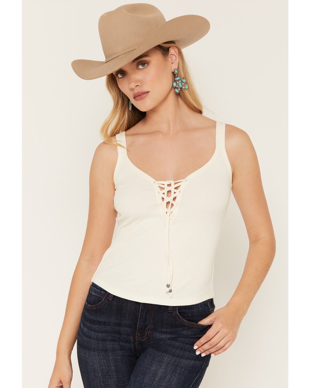 Image #1 - Idyllwind Women's Cora Lace-Up Sleeveless Tank Top, Cream, hi-res