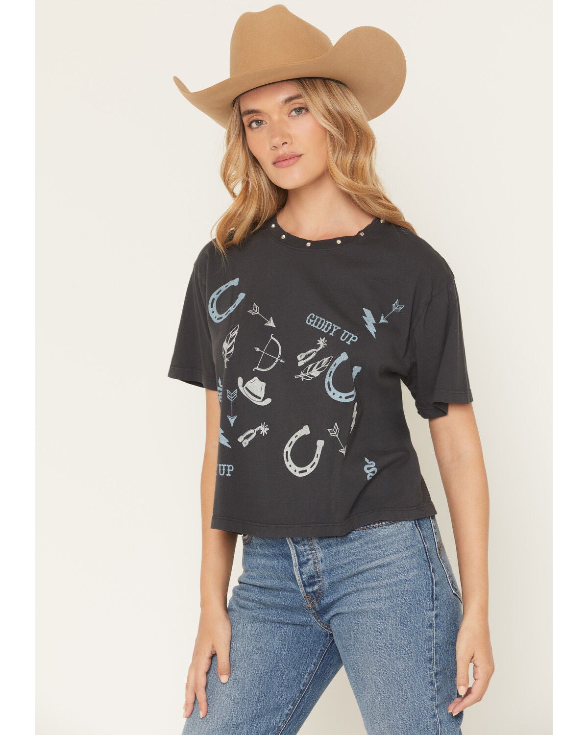 All Us Women's Conversation Embellished Short Sleeve Graphic Tee, Grey, hi-res