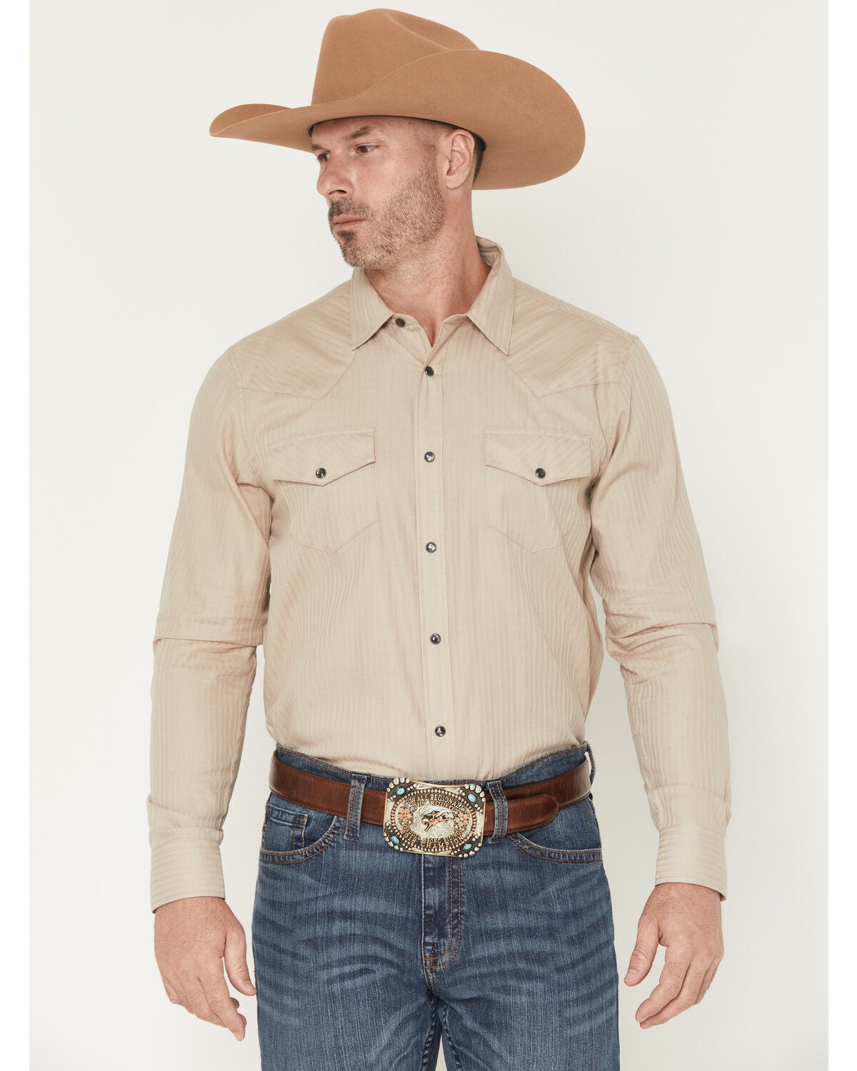 Gibson Trading Co Men's Southside Tonal Satin Striped Long Sleeve Snap Stretch Western Shirt, Taupe, hi-res