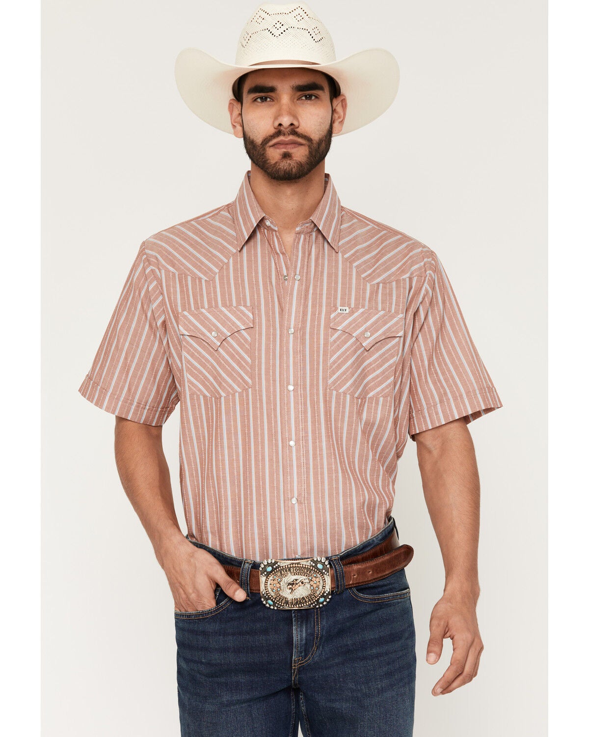 Ely Walker Men's Barbed Wire Striped Short Sleeve Pearl Snap Western Shirt, Rust Copper, hi-res