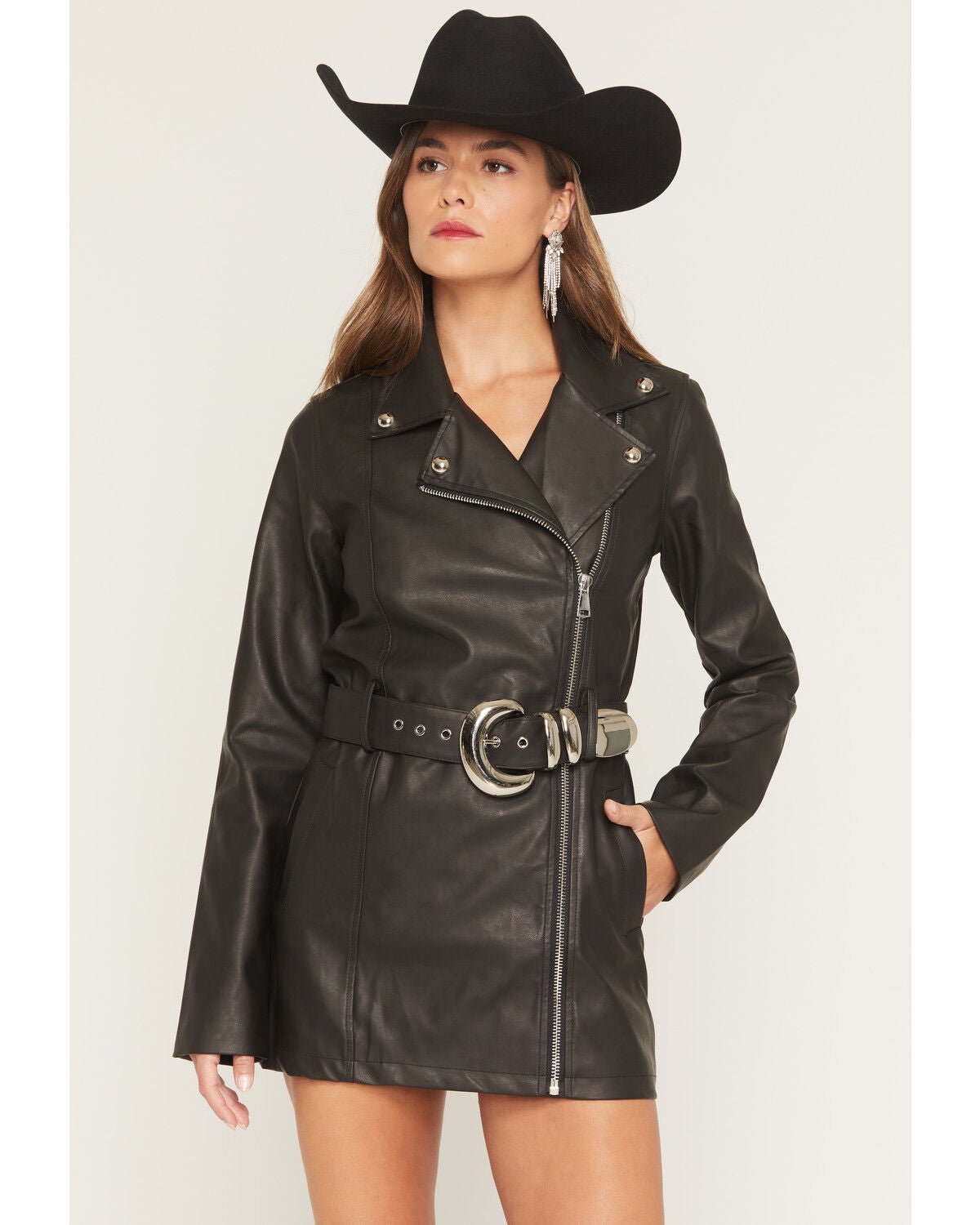 Show Me You Mumu Women's Faux Leather Belted Stapleton Long Sleeve Moto Mini Dress, Black, hi-res