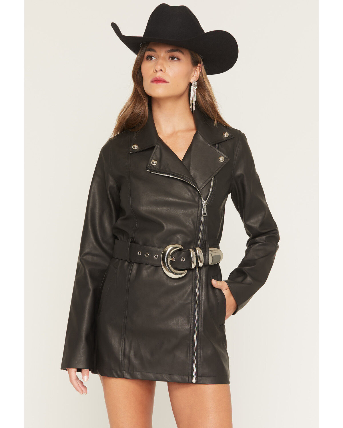Image #1 - Show Me You Mumu Women's Faux Leather Belted Stapleton Long Sleeve Moto Mini Dress, Black, hi-res