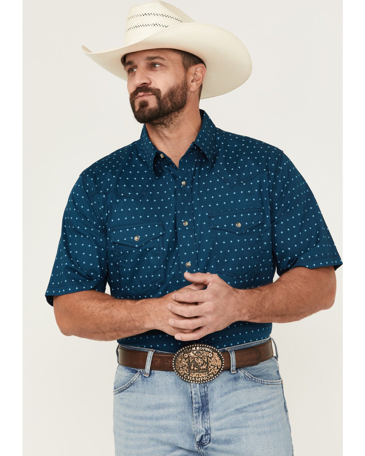 Wrangler 20X Men's Geo Print Short Sleeve Snap Western Shirt - Tall, Navy, hi-res