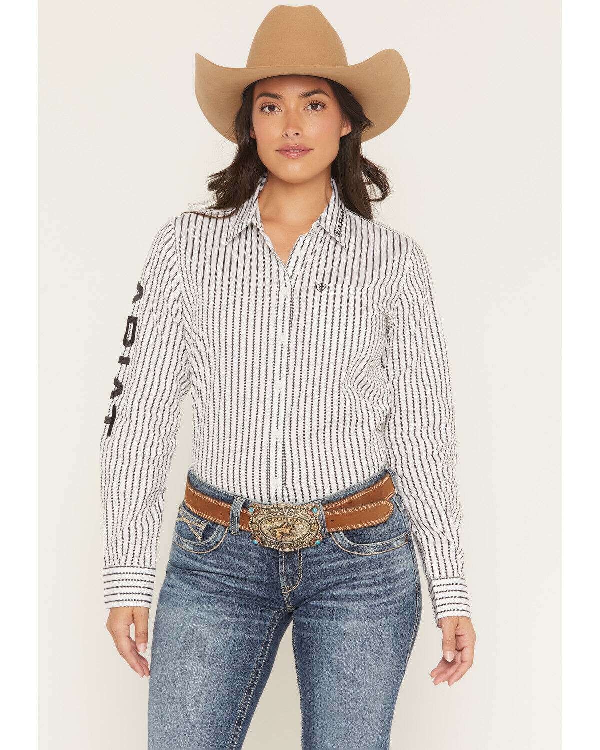 Image #1 - Ariat Women's Team Striped Long Sleeve Button-Down Stretch Western Shirt, Black/white, hi-res