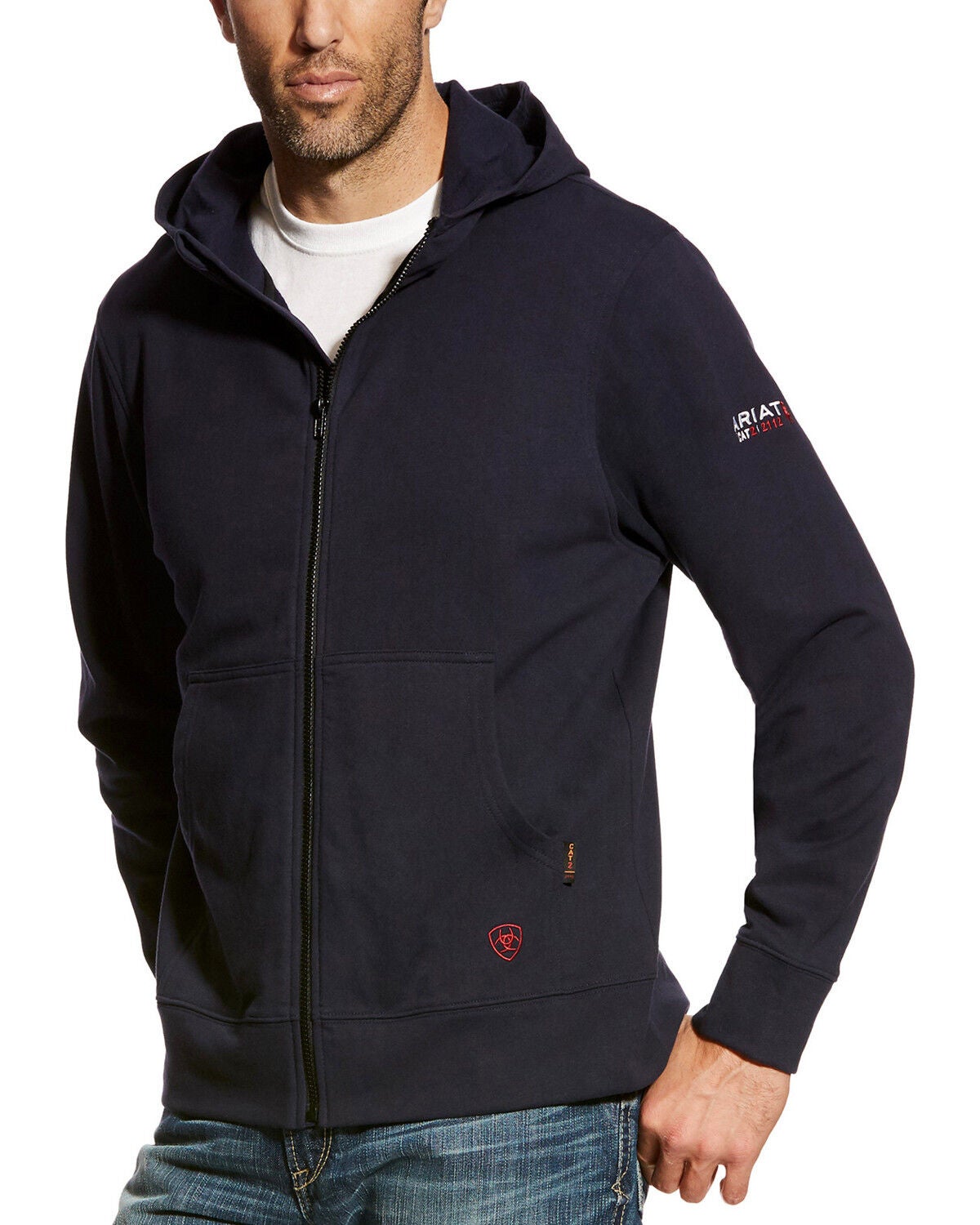 Ariat Men's FR DuraStretch Full Zip Hoodie, Navy, hi-res