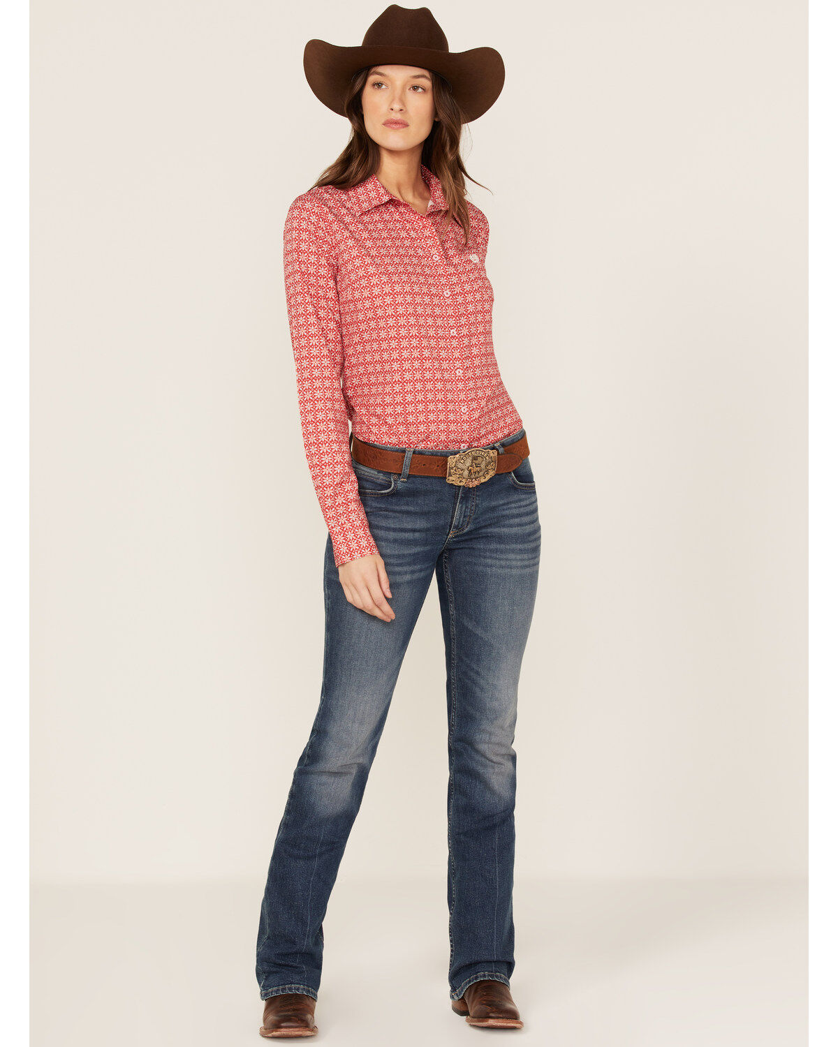 Image #2 - Cinch Women's ARENAFLEX® Geo Print Long Sleeve Button-Down Stretch Shirt, Red, hi-res