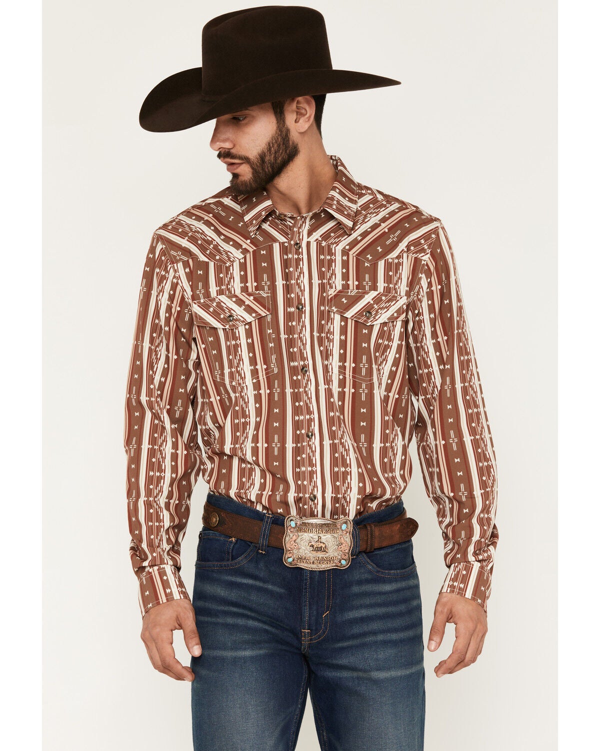 Image #1 - RANK 45&reg; Men's Mesa Trail Southwestern Striped Rodeo Tech 2.0 Long Sleeve Snap Western Shirt, Brown, hi-res