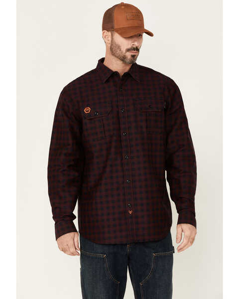 Hawx Men's FR Check Plaid Print Long Sleeve Button-Down Work Shirt , Wine, hi-res