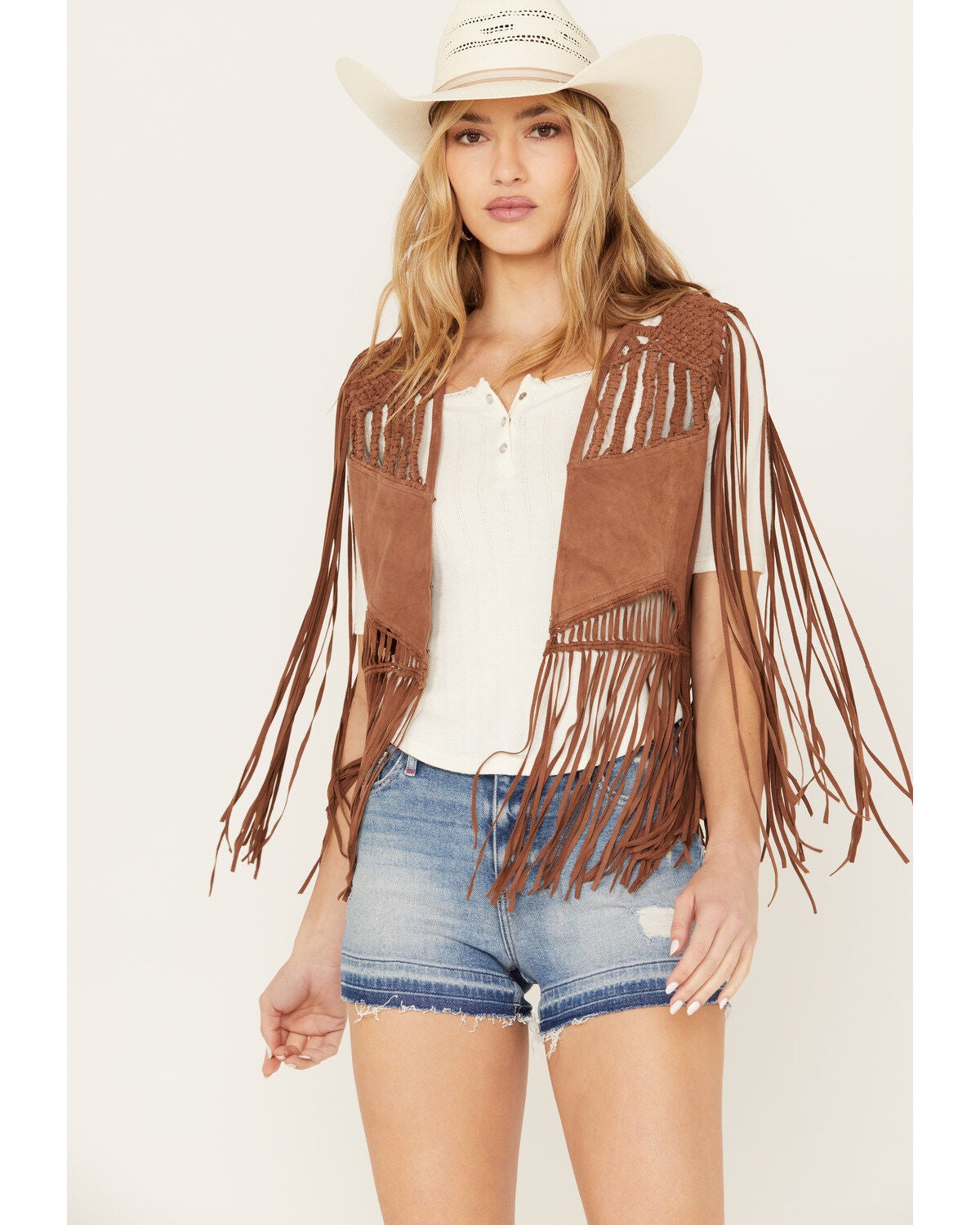 Idyllwind Women's Ennis Suede Crochet Vest, Brown, hi-res