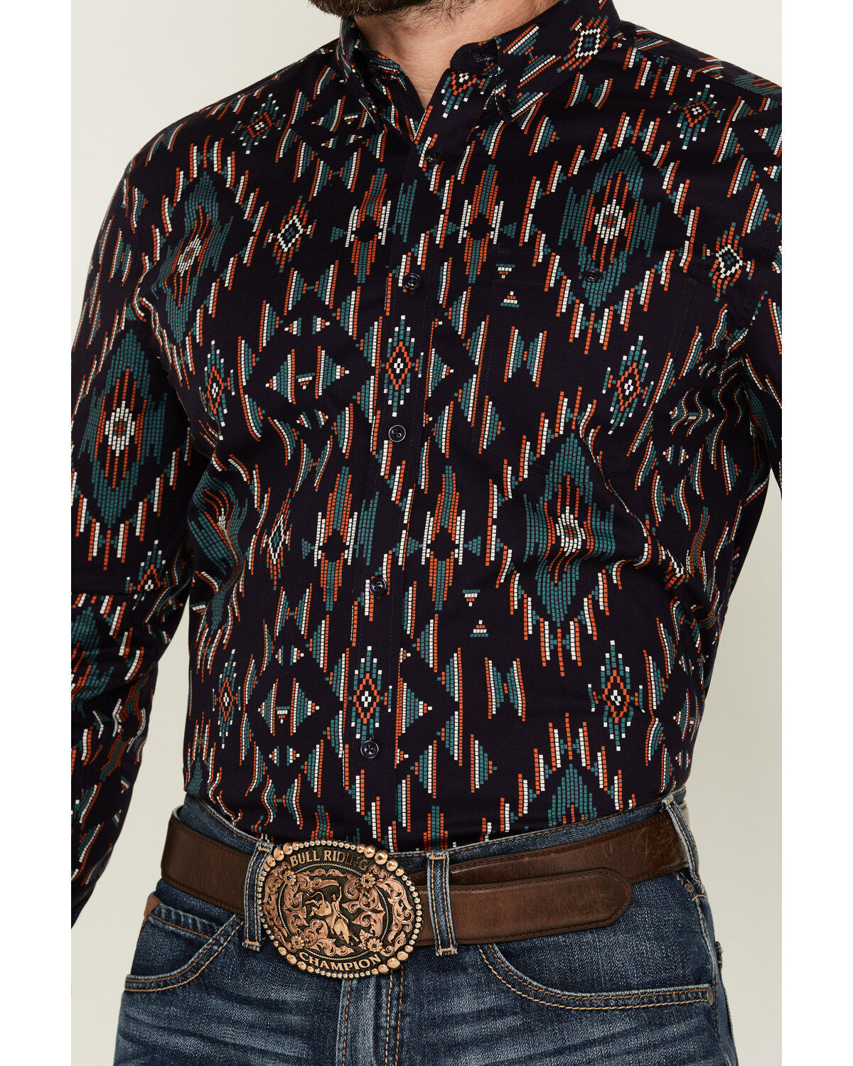 Image #3 - RANK 45® Men's Hilsborrow Southwester Print Long Sleeve Button-Down Stretch Western Shirt, Dark Blue, hi-res