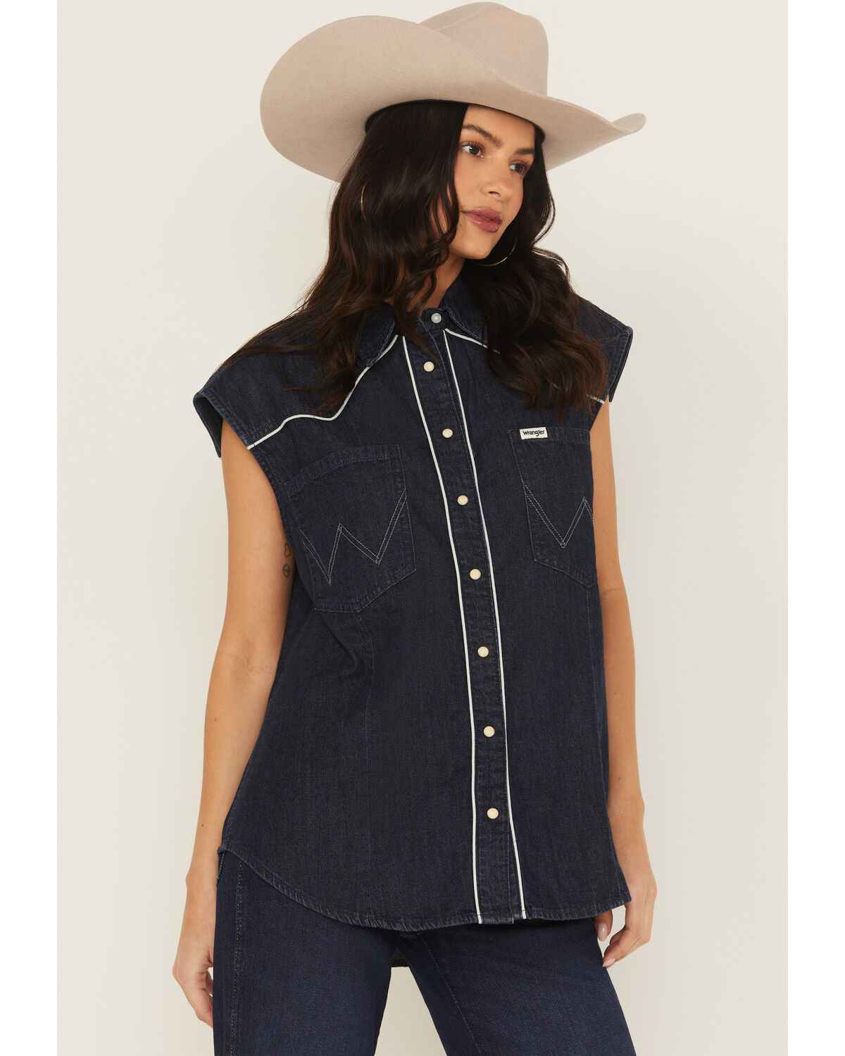 Image #1 - Wrangler Women's Modern Sleeveless Denim Western Shirt, Blue, hi-res