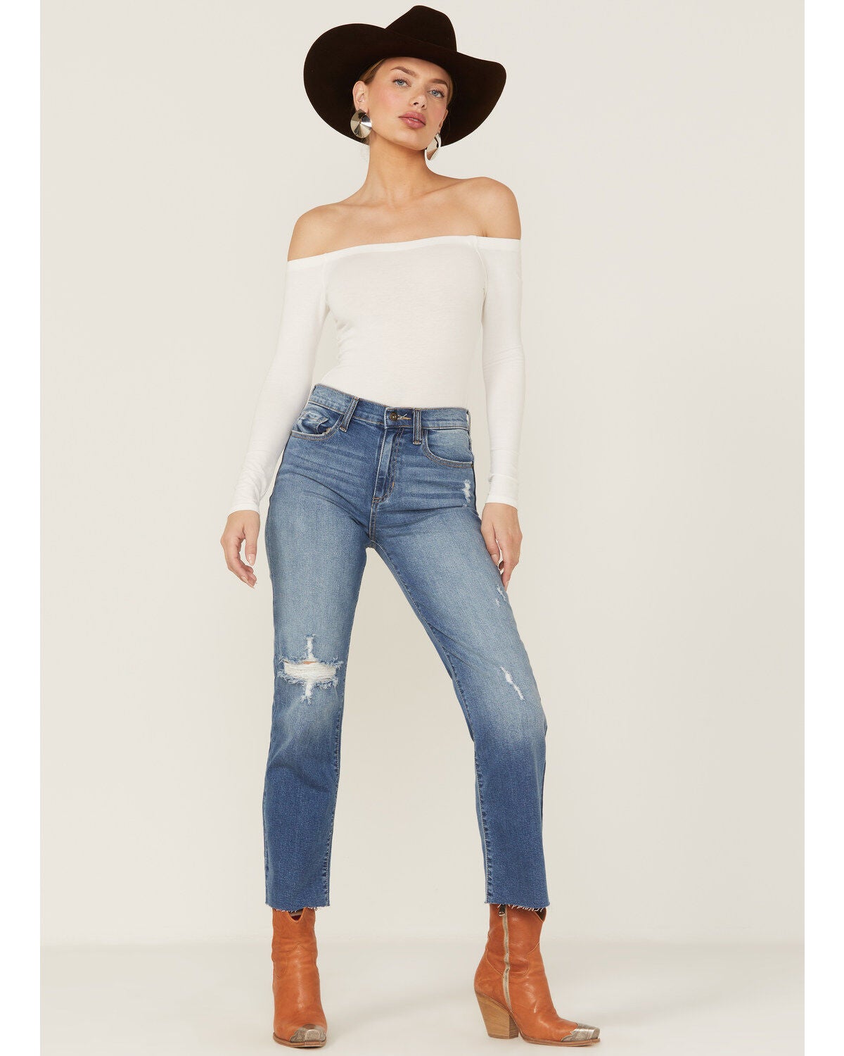 Image #1 - Sneak Peek Women's Medium Dark Wash High Rise Distressed Knee Straight Jean, , hi-res