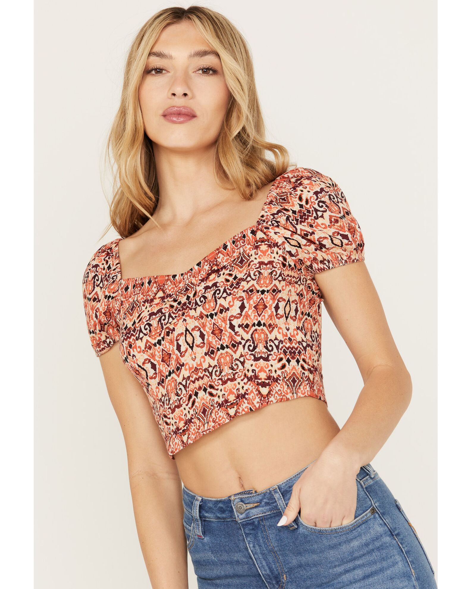 Image #3 - Idyllwind Women's Rose Printed Crop Top, Maroon, hi-res