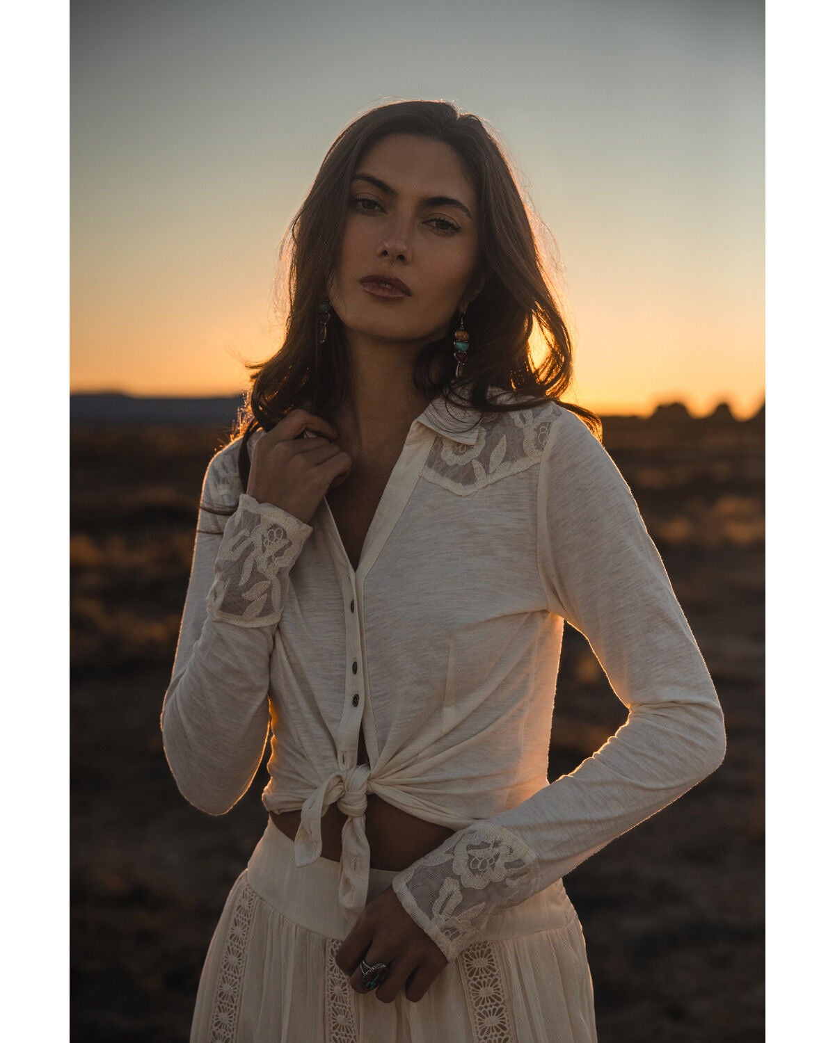 Shyanne Women's Solid Lace Wester Yoke Long Sleeve Button-Down Shirt, Cream, hi-res