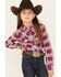Wrangler Girls' Plaid Print Long Sleeve Pearl Snap Western Shirt, Pink, hi-res