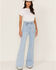Flying Tomato Women's Light Wash High Rise Waist Tie Flare Jeans, Blue, hi-res