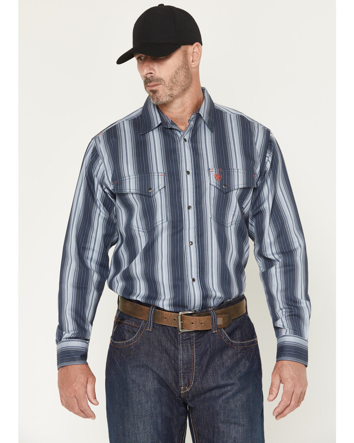 Ariat Men's FR Carlton Striped Long Sleeve Snap Work Shirt, Navy, hi-res