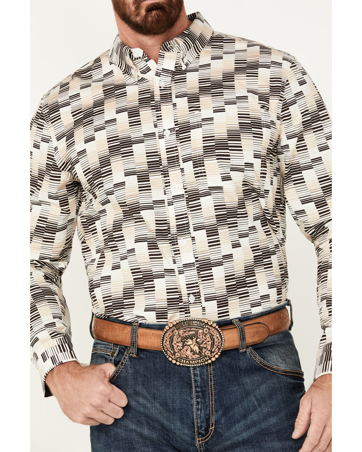 Image #3 - RANK 45® Men's Geo Print Long Sleeve Button-Down Western Shirt, Black, hi-res