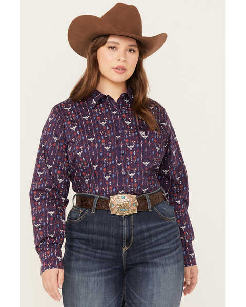 Ariat Women's R.E.A.L. Southwestern Print Long Sleeve Kirby Stretch Button Down Shirt - Plus, Navy, hi-res