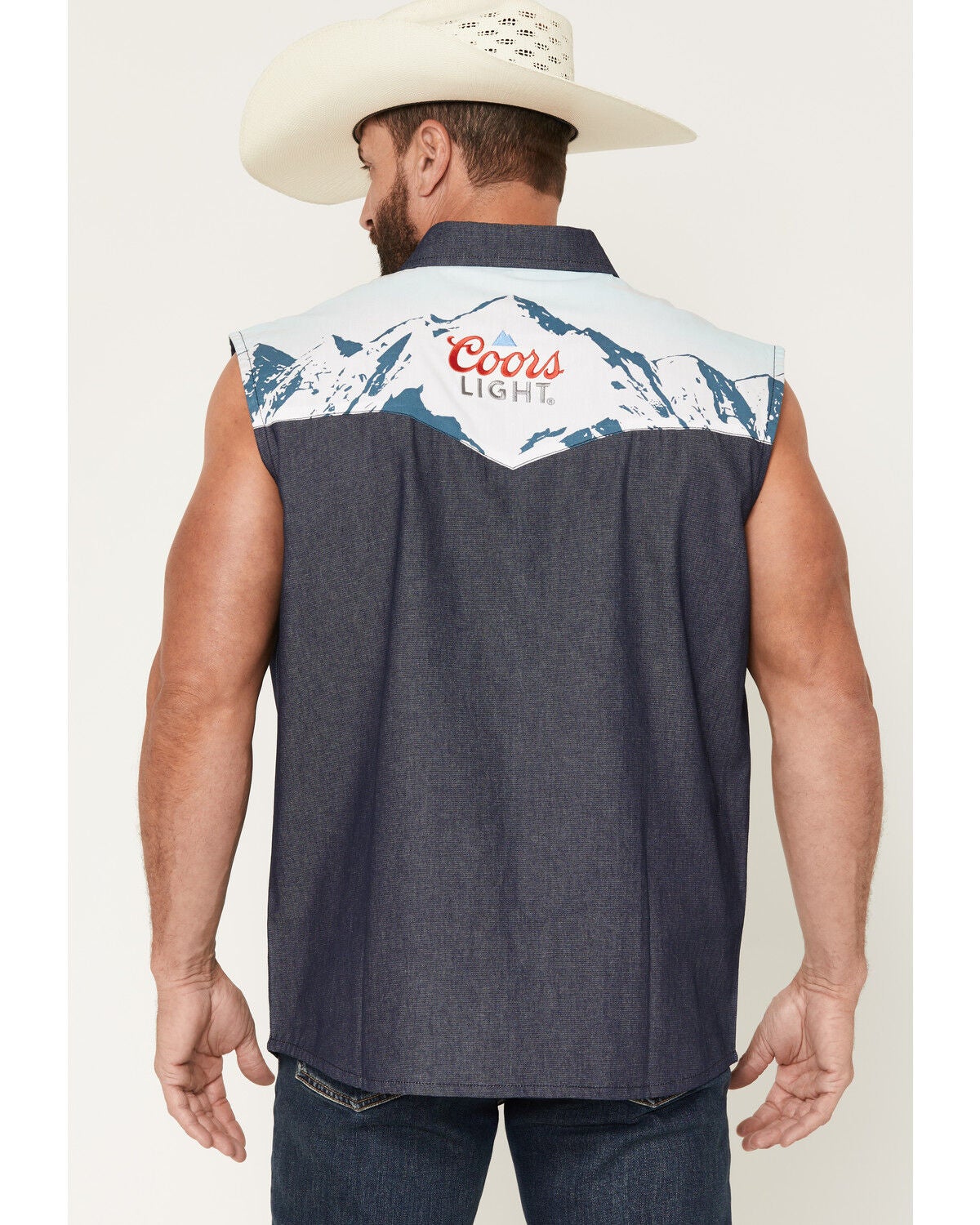 Image #4 - Coors Men's Boot Barn Exclusive Mountain Sleeveless Pearl Snap Bubba, Blue, hi-res