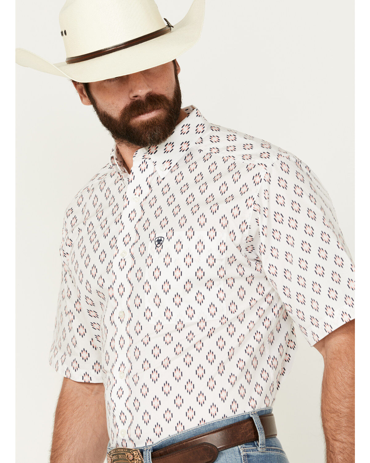 Image #2 - Ariat Men's Terrance Southwestern Print Short Sleeve Button-Down Western Shirt, White, hi-res