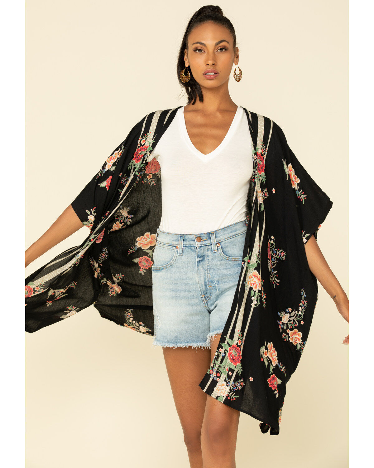 Image #1 - Angie Women's Black Floral Border Print Kimono , , hi-res