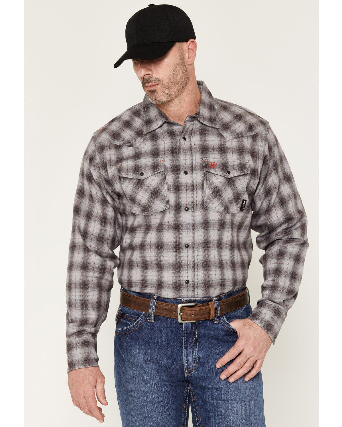 Image #1 - Ariat Men's FR Plaid Print Long Sleeve Snap Flannel Work Shirt, Grey, hi-res
