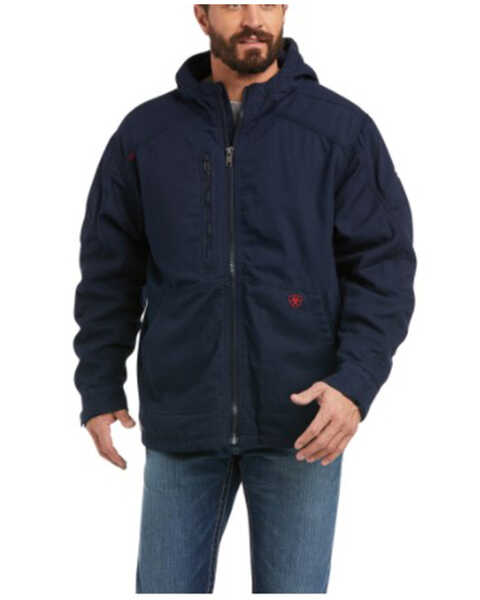 Ariat Men's FR DuraLight Stretch Zip-Front Hooded Work Canvas Jacket , Navy, hi-res