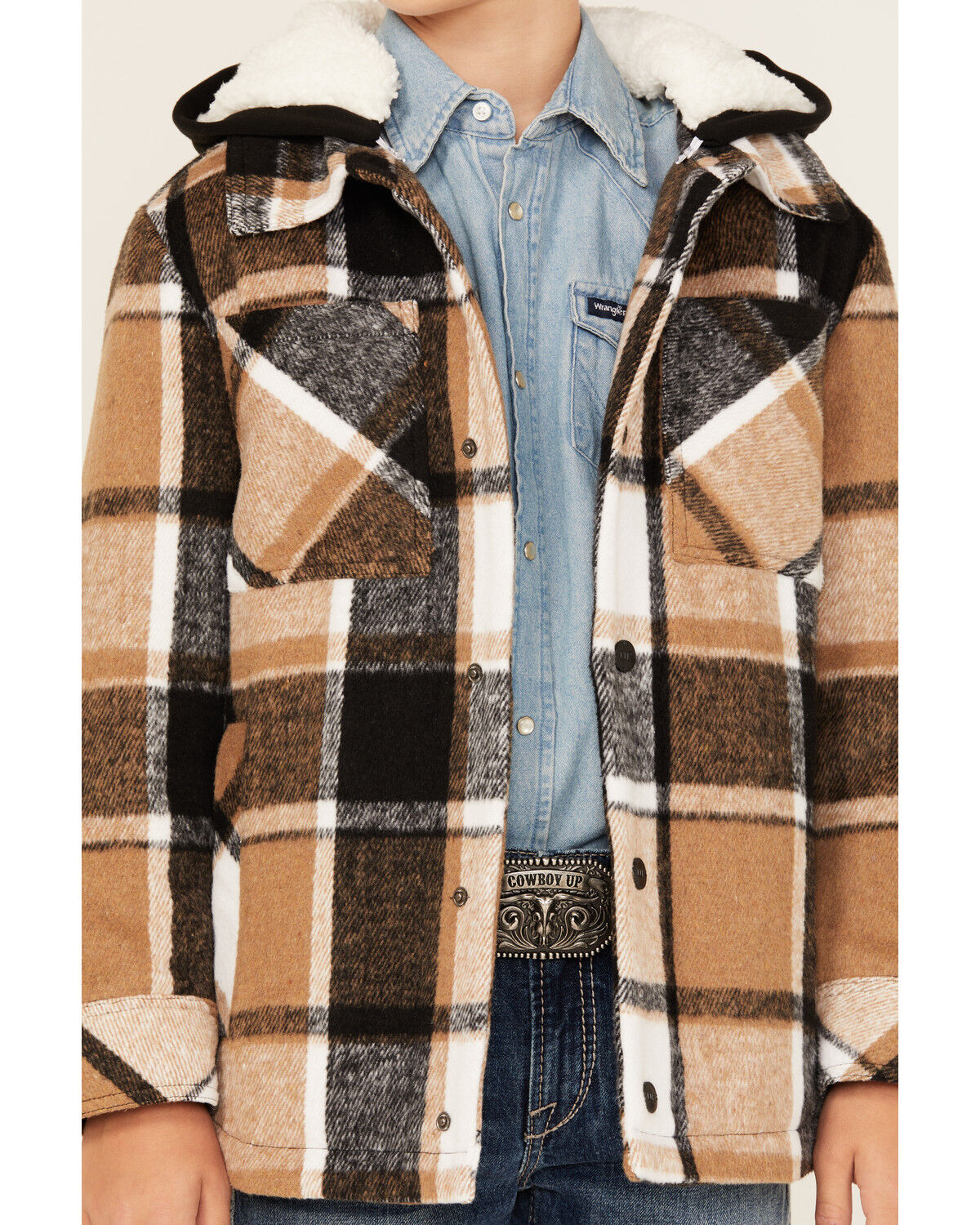 Image #3 - Urban Republic Little Boys' Plaid Print Sherpa Lined Snap Hooded Shacket, Brown, hi-res
