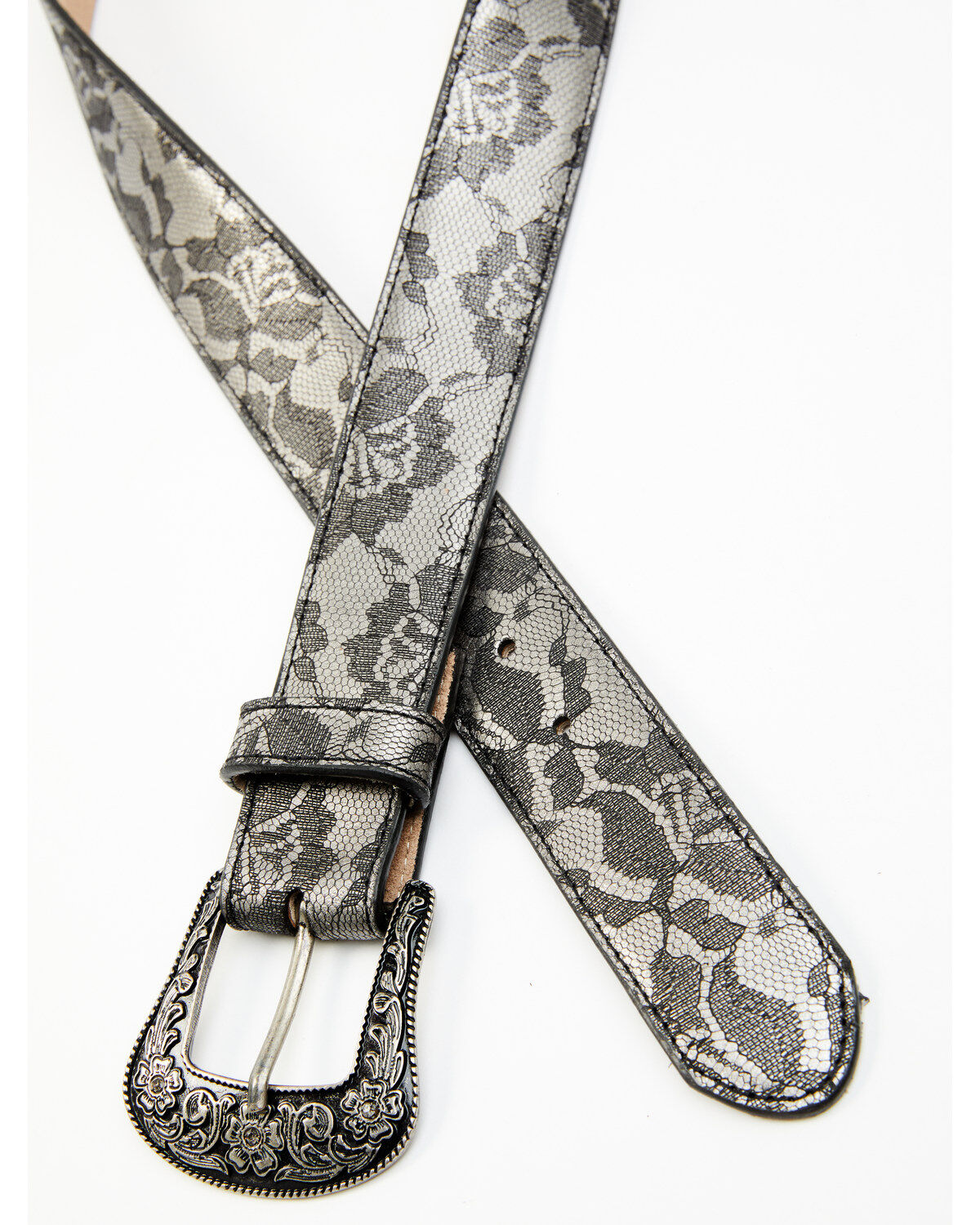 Image #2 - Shyanne Women's Silver Floral Lace Belt, Black, hi-res