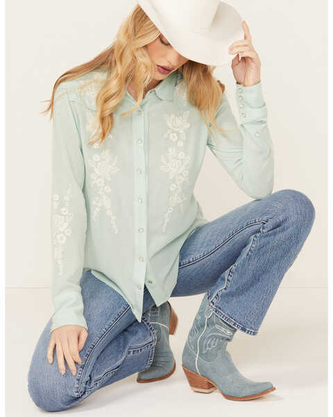 Stetson Women's Embroidered Long Sleeve Snap Western Shirt, Teal, hi-res