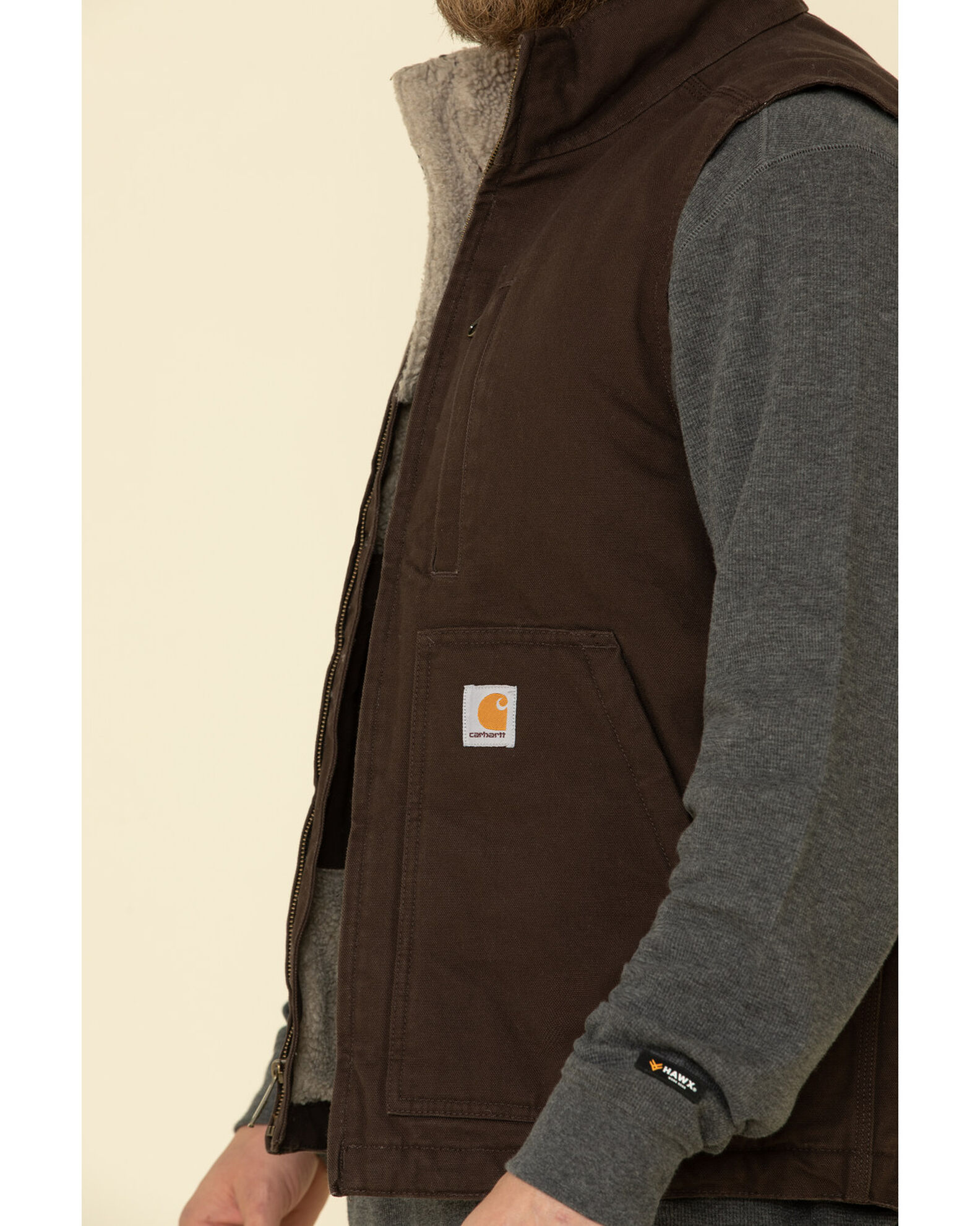 Image #4 - Carhartt Men's Dark Brown Washed Duck Sherpa Lined Mock Neck Loose Fit Work Vest, Dark Brown, hi-res
