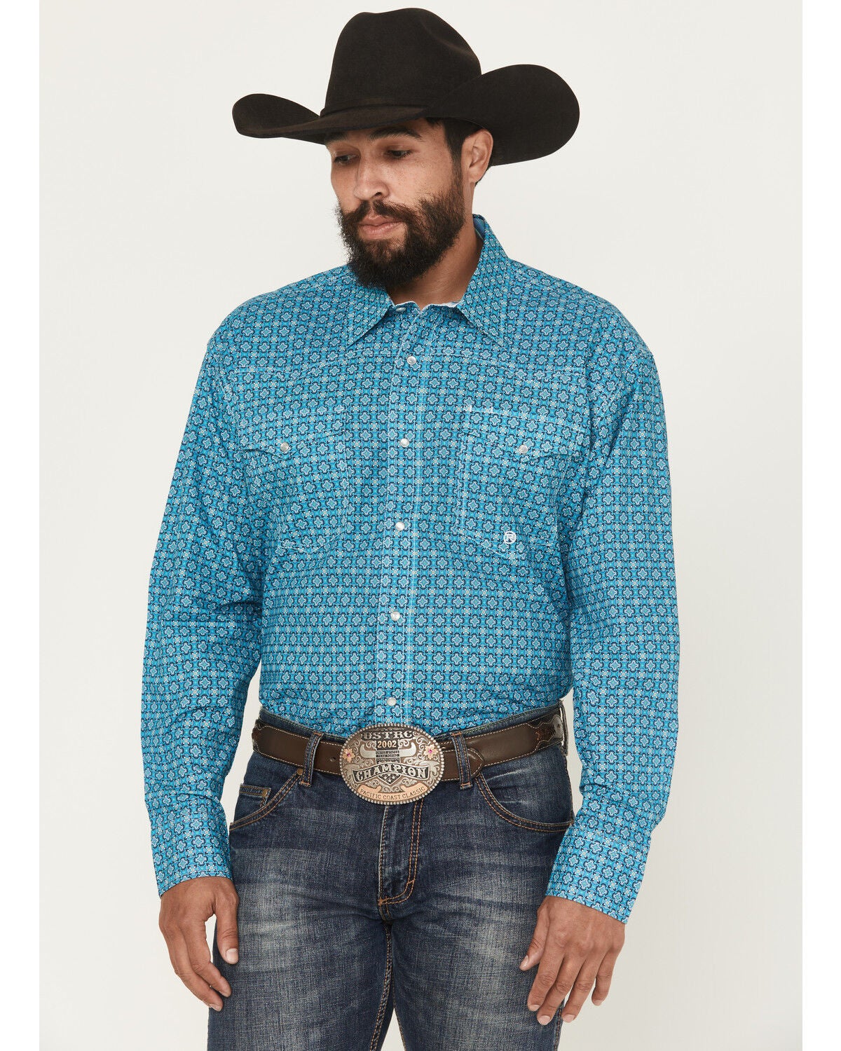 Roper Men's Amarillo Geo Print Long Sleeve Pearl Snap Western Shirt, Teal, hi-res