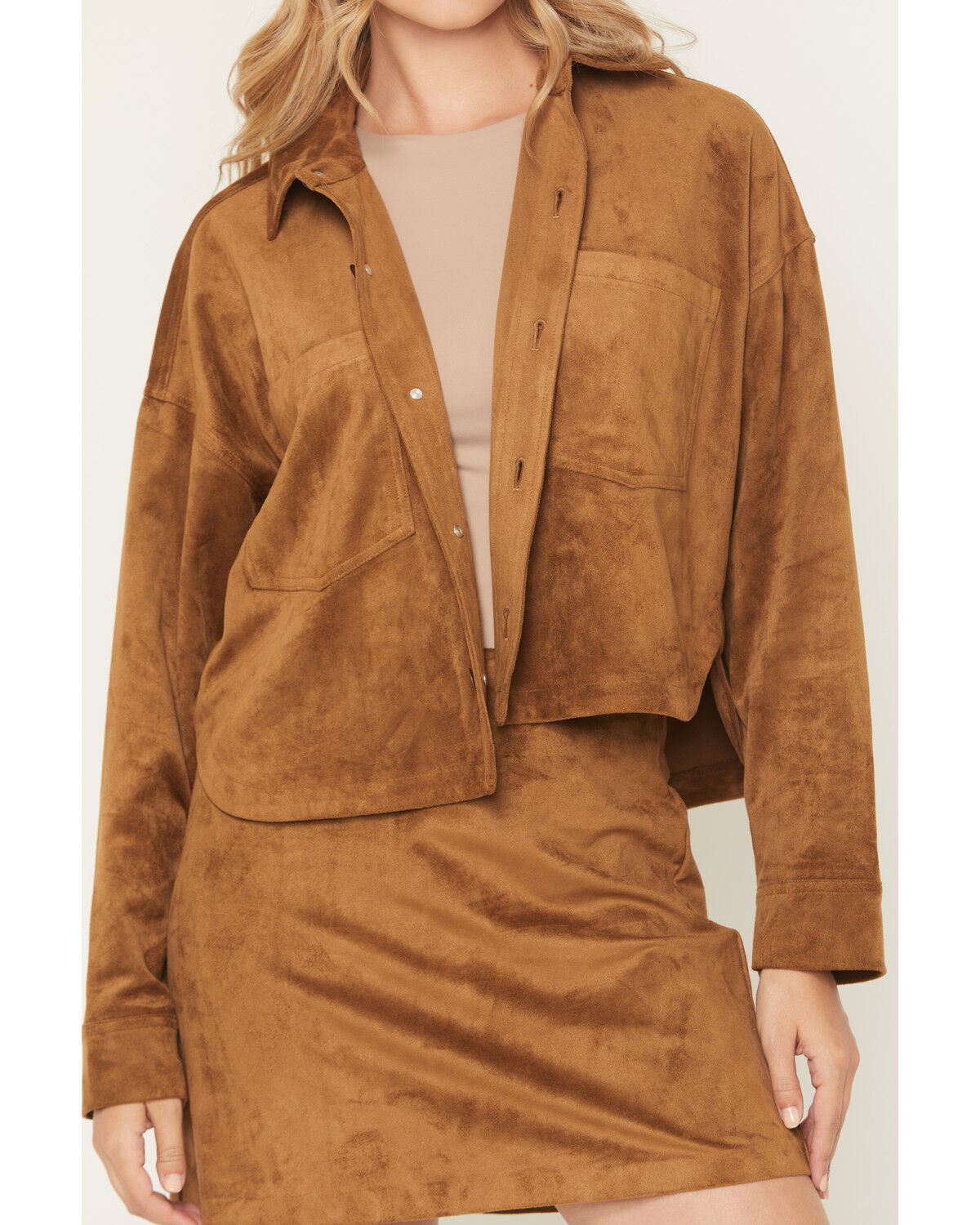 Image #3 - White Crow Women's All Day Faux Suede Cropped Button-Down Shirt, Brown, hi-res