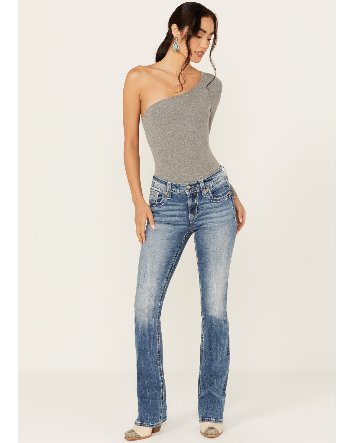 Image #3 - Miss Me Women's Light Wash Mid Rise Dreamcatcher Pocket Bootcut Stretch Denim Jeans, Light Wash, hi-res