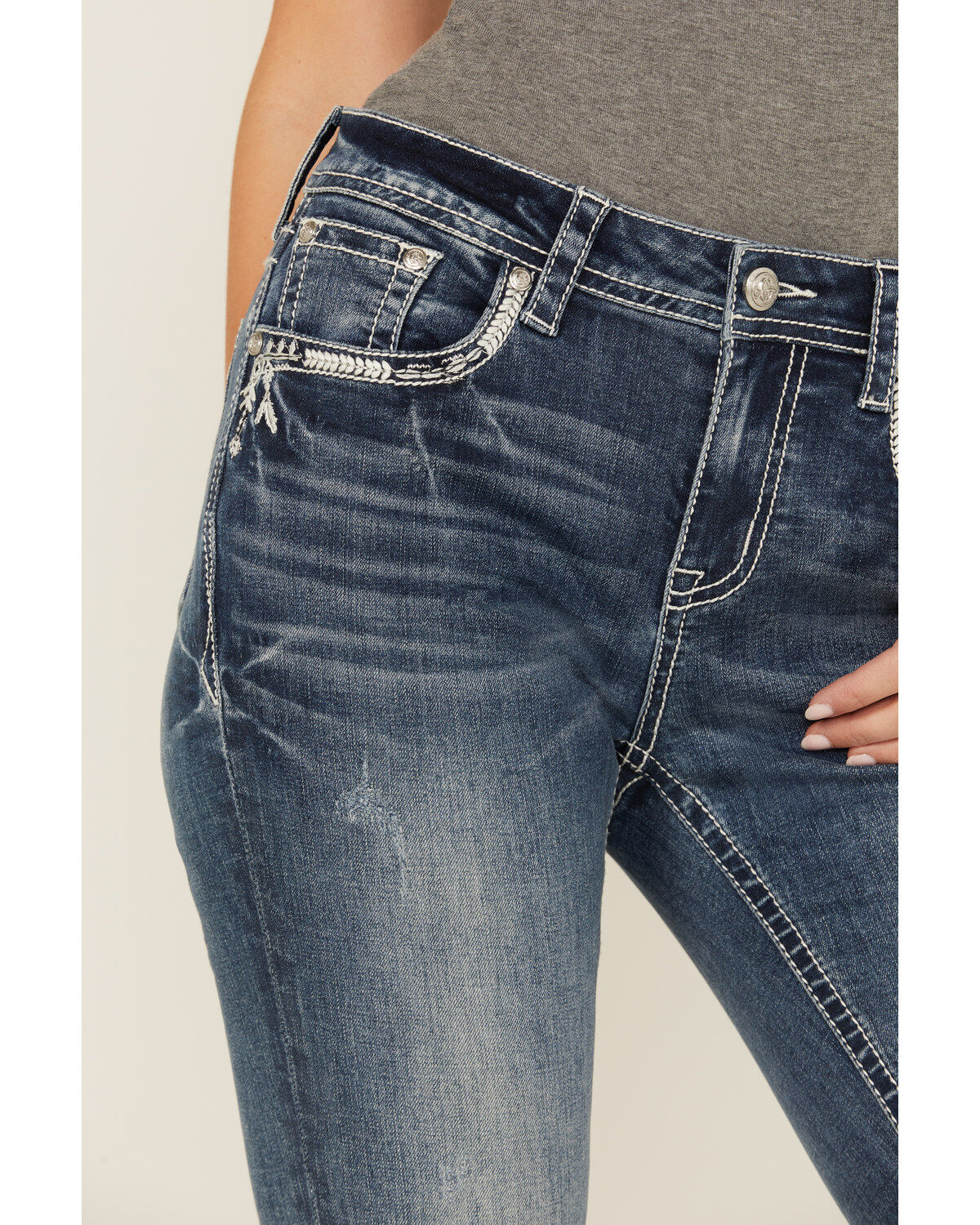 Image #4 - Grace in LA Women's Medium Wash Mid Rise Feather Pocket Bootcut Stretch Denim Jeans, Medium Wash, hi-res