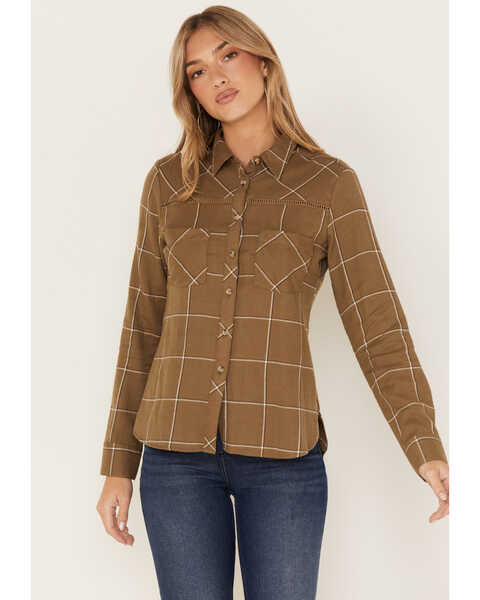 Shyanne Women's Plaid Print Long Sleeve Flannel Button-Down Shirt , Olive, hi-res