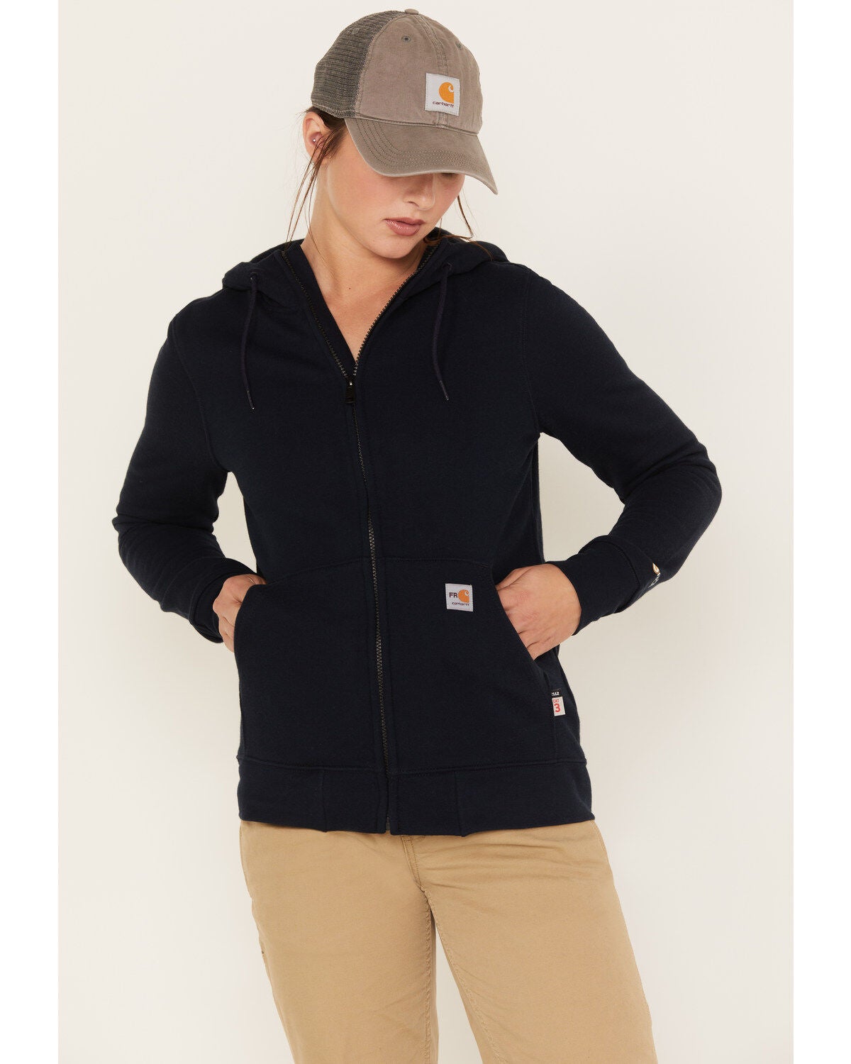 Carhartt Women's Force FR Relaxed Fit Zip Front Sweatshirt Work Hoodie, Navy, hi-res