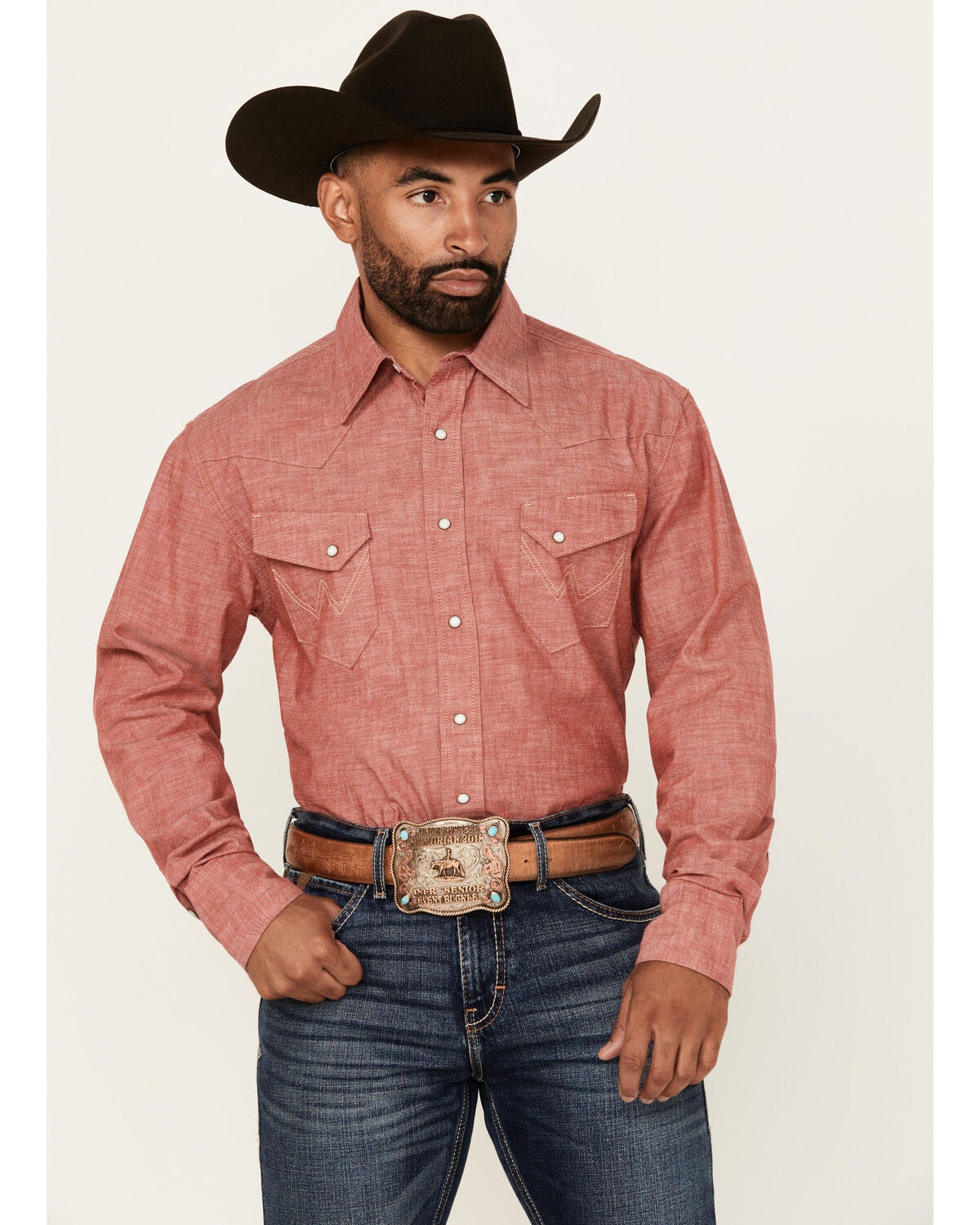 Wrangler Men's Vintage Chambray Solid Long Sleeve Snap Western Shirt, Red, hi-res
