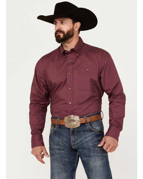 George Strait by Wrangler Men's Solid Long Sleeve Button-Down Western Shirt - Tall , Wine, hi-res