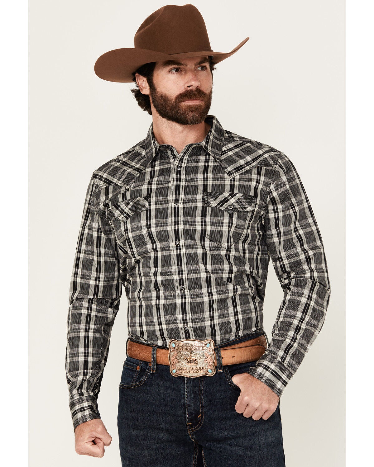 Cody James Men's Denton Plaid Print Long Sleeve Snap Western Shirt, Black, hi-res