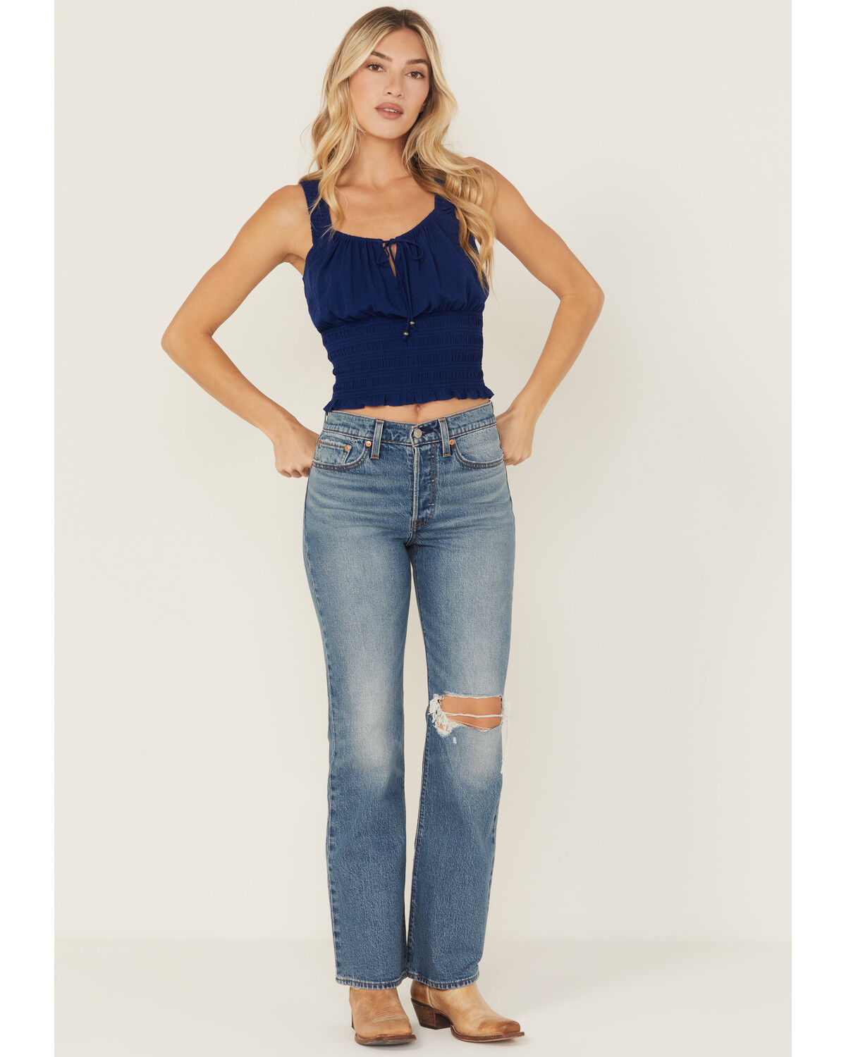 Image #1 - Levi's Women's Dark Wash Wedgie Bootcut Paint Destructed Stretch Denim Jeans, Dark Wash, hi-res