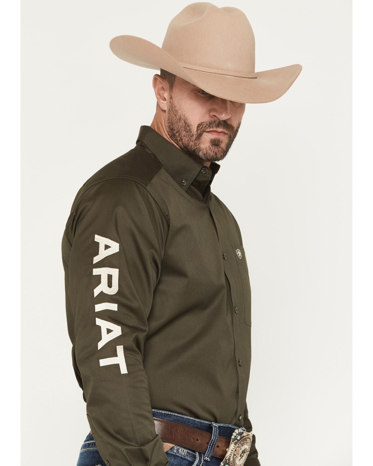 Image #2 - Ariat Men's Logo Solid Twill Long Sleeve Button-Down Western Shirt, Olive, hi-res