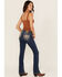 Image #1 - Miss Me Women's Dark Wash Mid Rise Leaf Pocket 32" Bootcut Stretch Denim Jeans, Dark Wash, hi-res