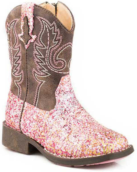 Roper Girls' Toddler Glitter Southwest Western Boots - Square Toe, Pink, hi-res