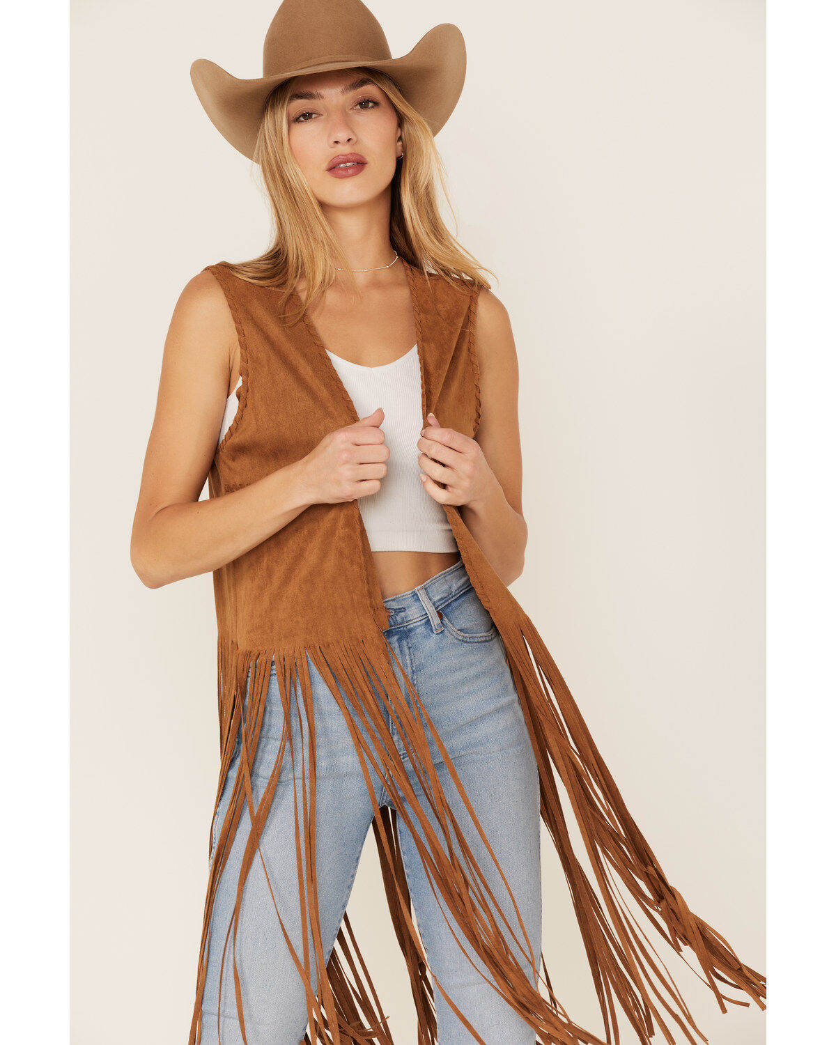 Fornia Women's Suede Fringe Vest, Camel, hi-res