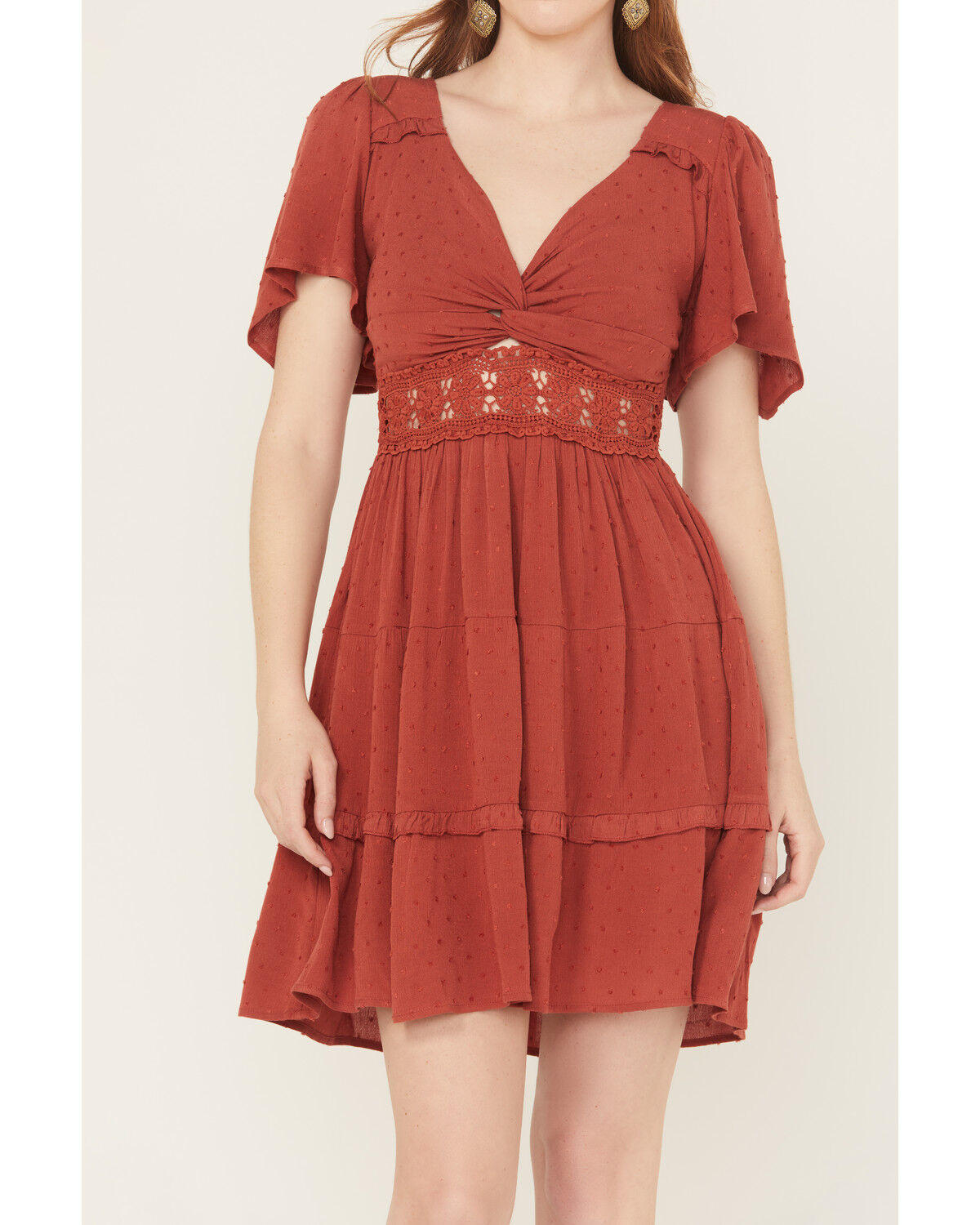 Product Name:  Wild Moss Women's Crochet Inset Twist Front Short Sleeve Mini Dress