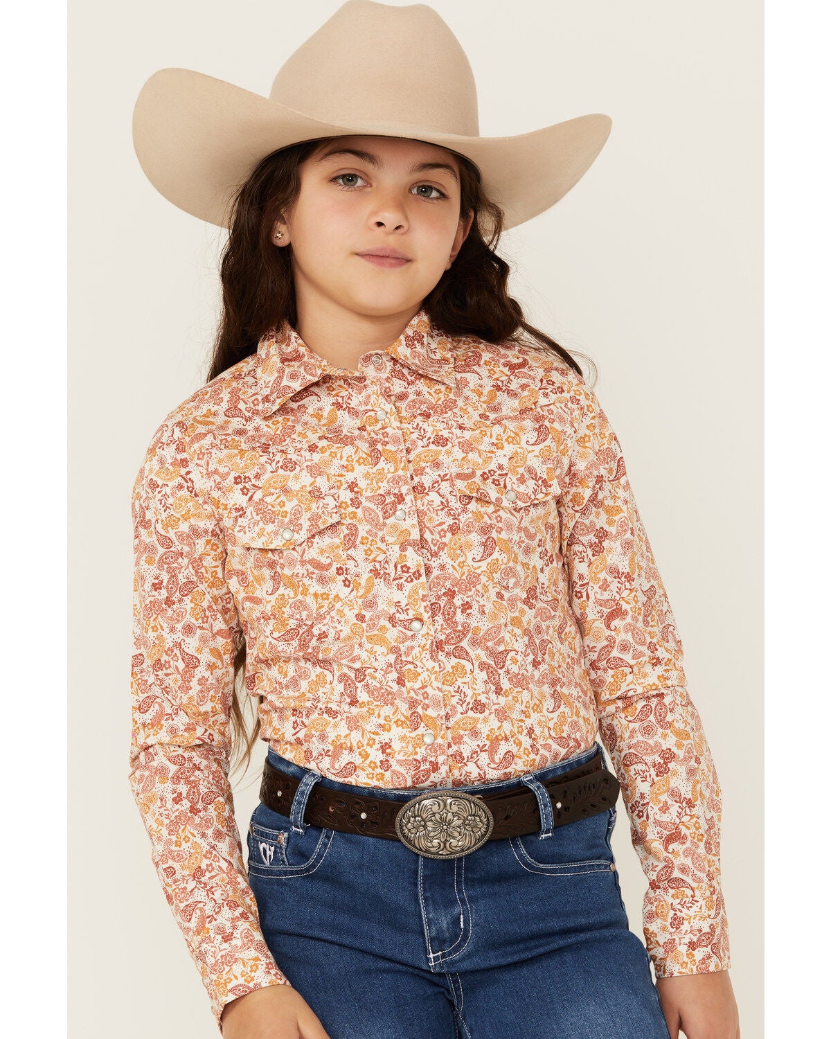 Shyanne Girls' Ash Floral Print Long Sleeve Pearl Snap Stretch Western Shirt, Gold, hi-res