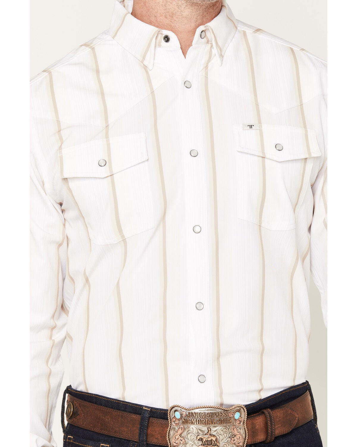 Image #3 - Ferrell Men's Tristan Tek Striped Long Sleeve Pearl Snap Stretch Western Shirt, Cream, hi-res